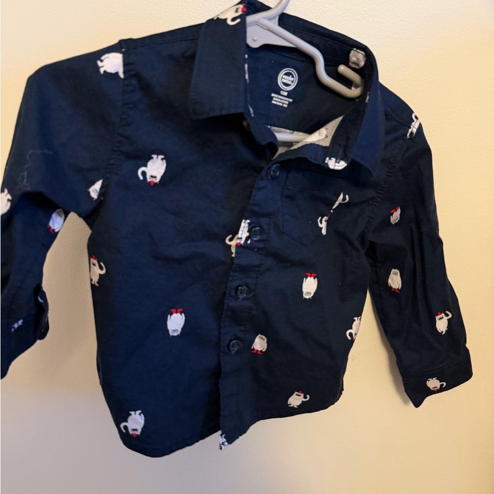 12M Christmas Wonder Nation Navy Blue Kids Button Down Shirt with Fun Print